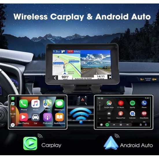 Преносим 7" безжичен CarPlay и Android Auto тъчскрийн с Bluetooth, GPS