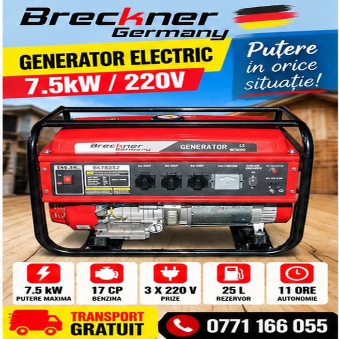 Generator benzina 7.5kW Breckner Germany 17CP 220V 3 prize 25L Factura TVA Garantie 2750 RON
