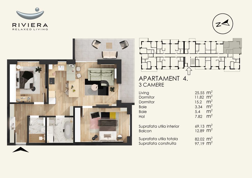 Apartament 3 camere de vanzare -  cartier  RIVIERA