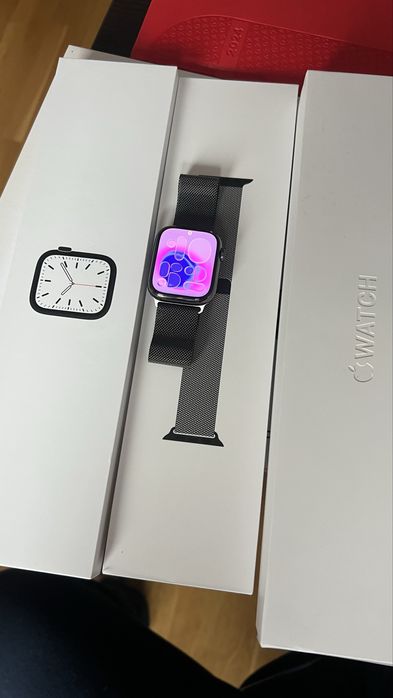 Apple Watch Seria 7 Stainless Steel/45 mm /Black/100% baterie, 10/10