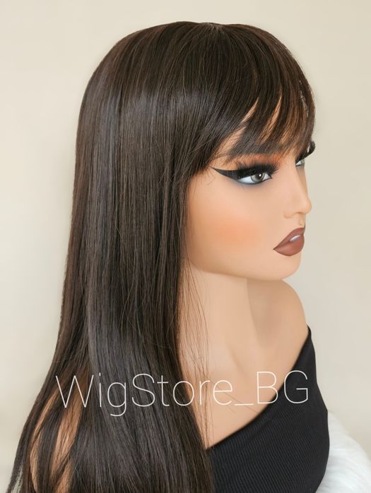 Дълга кафява права перука с бретон