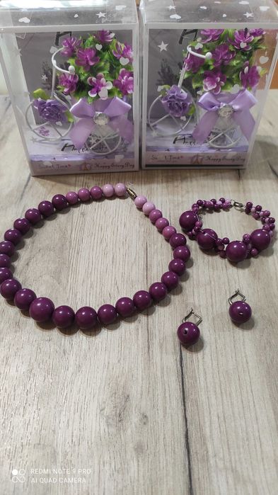 Украшение Комплект: Фиолетовые Бусы + браслет + сережки