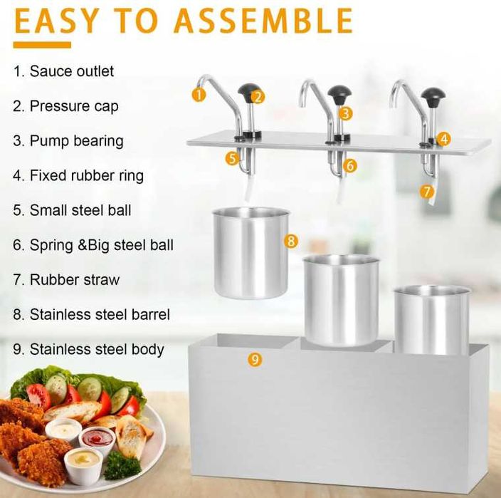 Dispenser Dozator Triplu pentru Sosuri din Inox – 3 x 3 Litri