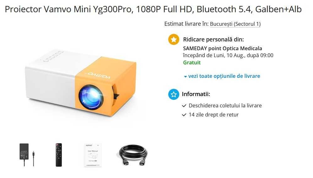 Video Proiector Vamvo Mini Yg300Pro, 1080P Full HD, Bluetooth 5.4