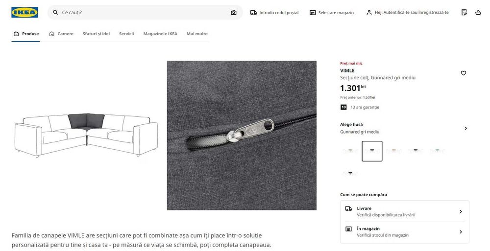 Vand secţiune colţ canapea IKEA VIMLE culoare Gunnared gri mediu