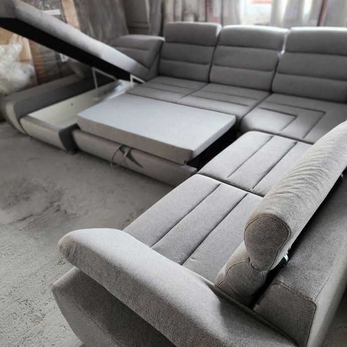 NOU Colțar U form XXL, 360cm, CREAM/ GRI, extensibil, ladă depozitare