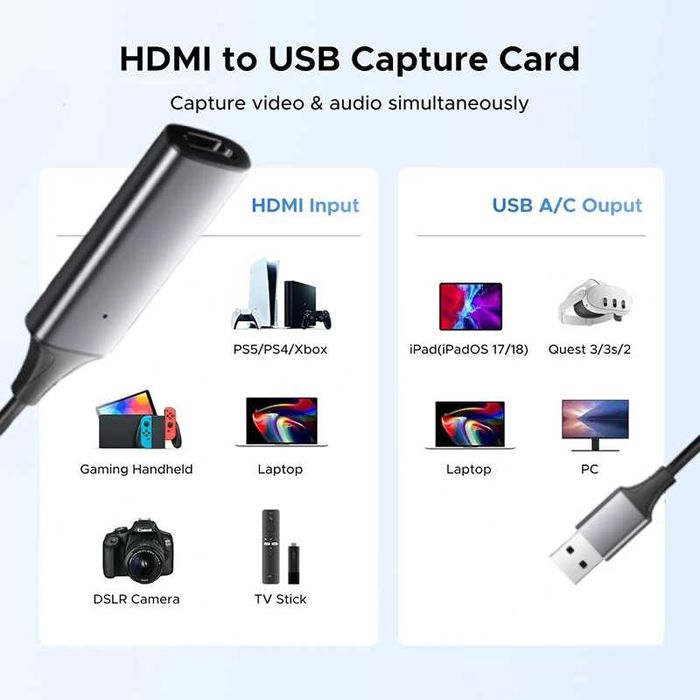 Placa de captura HDMI - USB-C + USB 3.0 Live Streaming 4K Youtube OBS