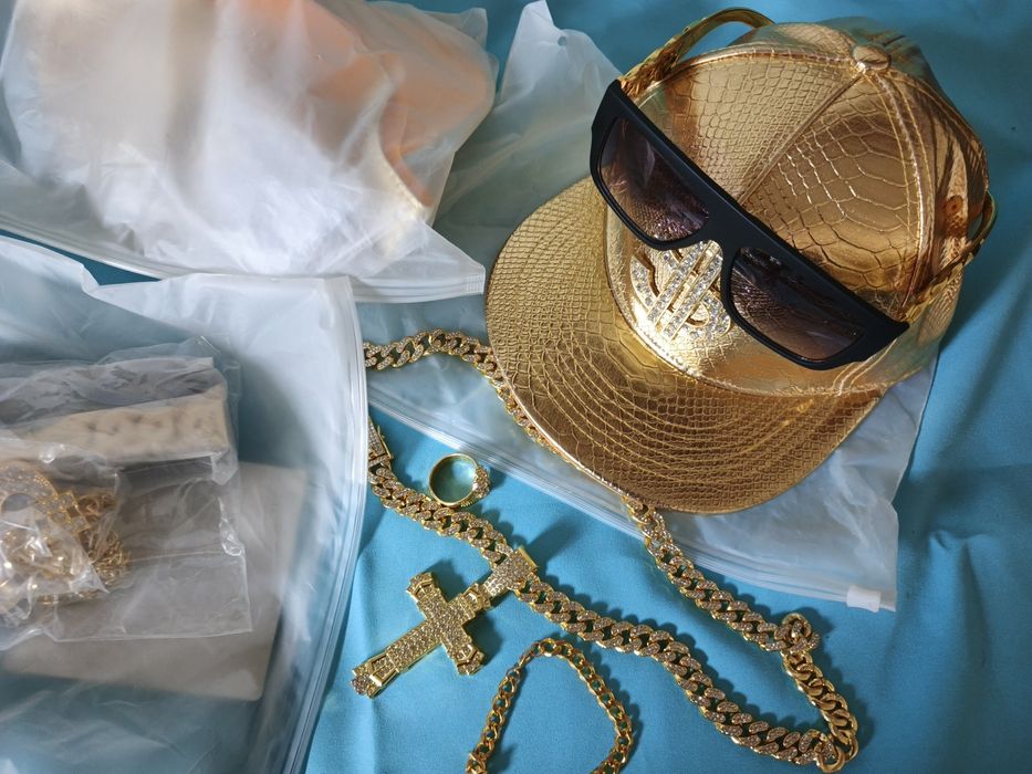 Set 5 Sapca Ochelari Soare Lant Bratara Inel Auriu Gold Argintiu Silve