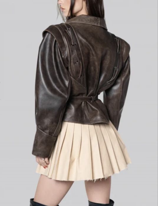 Geaca faux leather, maro, model cu snur marimea S
