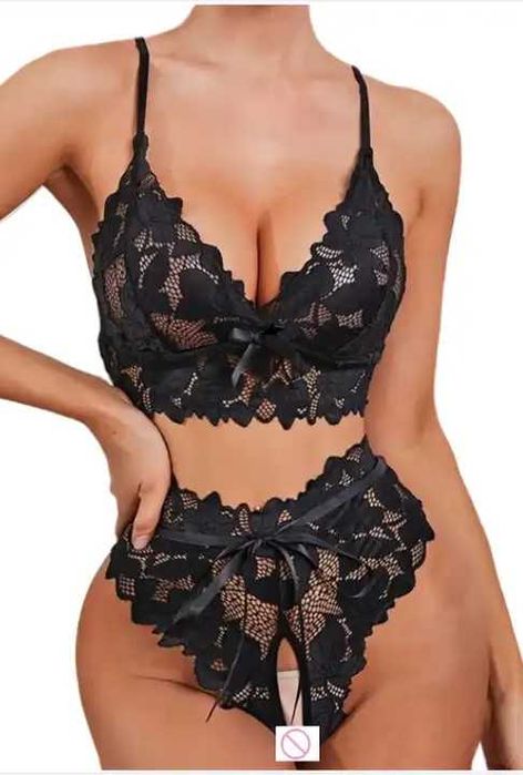 Set de lenjeria sexy erotica, material din dantela, 2 piese, M,  Negru