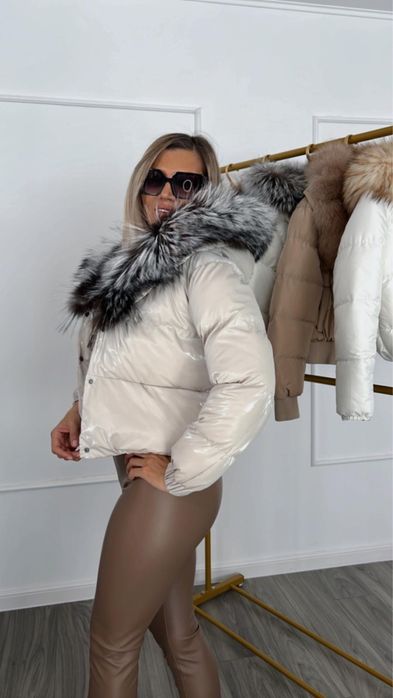 Geaca dama fâș guler din blana naturala vulpe captuseala puf gasca