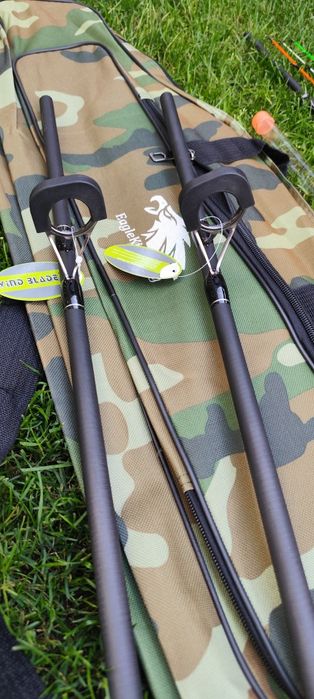 Set 2 Lansete Feeder Carbon Wind Blade Black Fox 3,90m,2 Mulinete HFR 5000 cu Baitrunner, Senzori+Suporți+Geanta,2 Monturi+Matriță,Fir