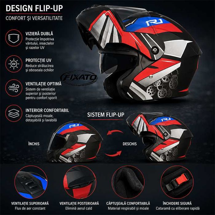 Casca Moto/Scuter Flip-Up, Viziera Dubla, Protectie UV, Rosu