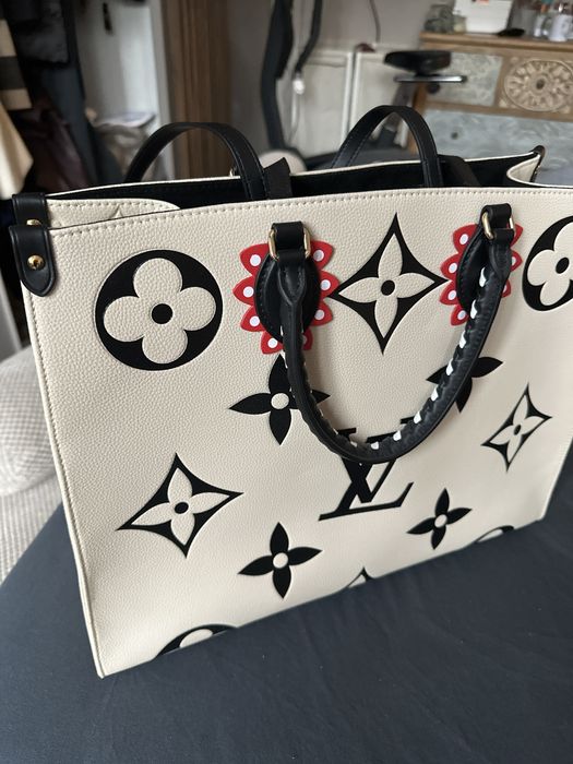 Голяма Кожена Дамска чанта Louis Vuitton Бяла-Черна