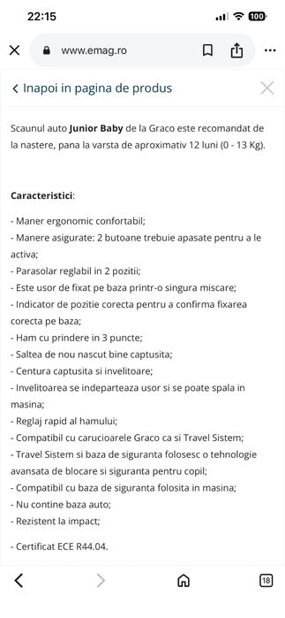 Scaun auto junior baby Graco (0-13kg)