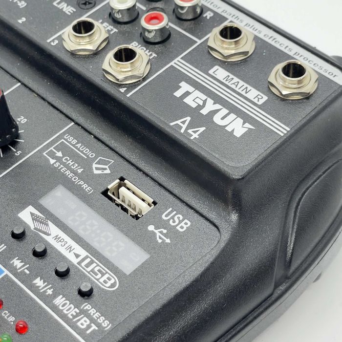 TEYUN A4 USB аудио миксер – 4 канала, Bluetooth, 48V Phantom Power