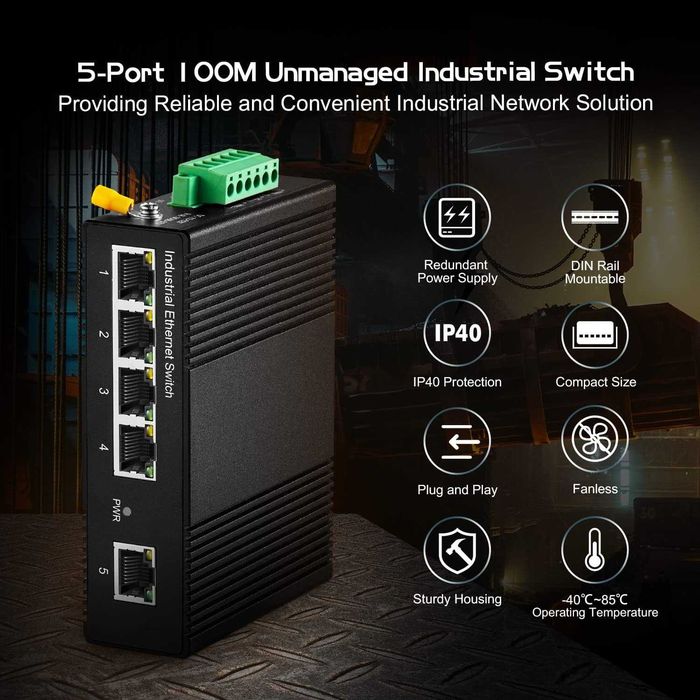 Switch Ethernet industrial Binardat ING05-041G 5 porturi șină DIN 4 port 1 uplink Gigabit DIN Rail,10-100-1000Mbps, montare pe perete fără ventilator