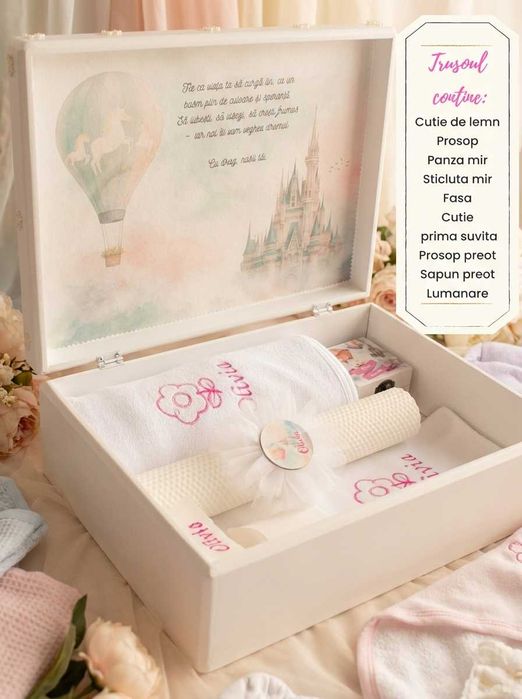 Trusou botez fetiță personalizat - set complet cu cutie din lemn Lovia