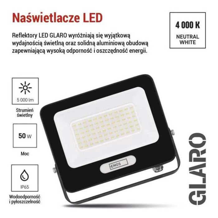 LED прожектор GLARO 50W, черен, IP65, 5000 lm, неутрално бял