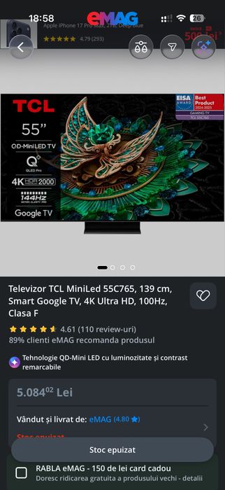 Televizor TCL MiniLED 55C765, 139 cm, 4K UHD, Google TV, garanție până în 2027