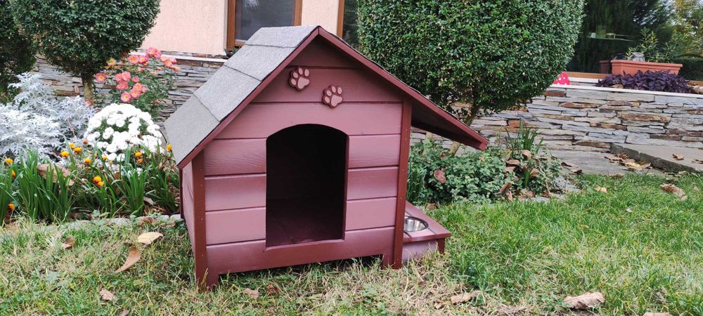 Къща за куче със стряха + купи;Колиба за кучета;Къщи за кученца-Кафява