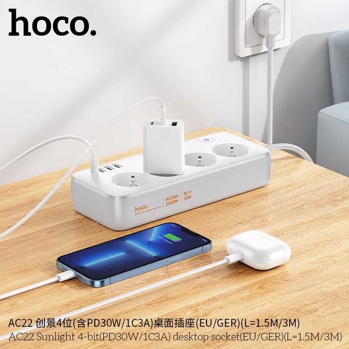 Hoco AC22 Sunlight Сетевой фильтр 4 розетками и USB-портами PD30W EU