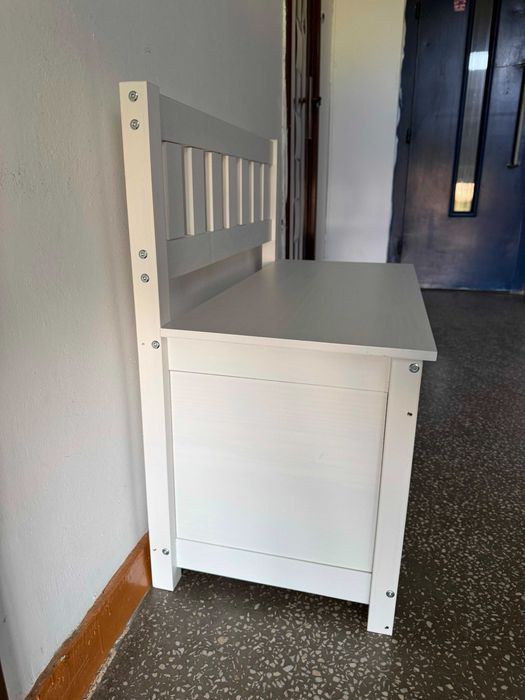 Bancă din lemn masiv de pin cu spațiu depozitare, albă, ca nouă