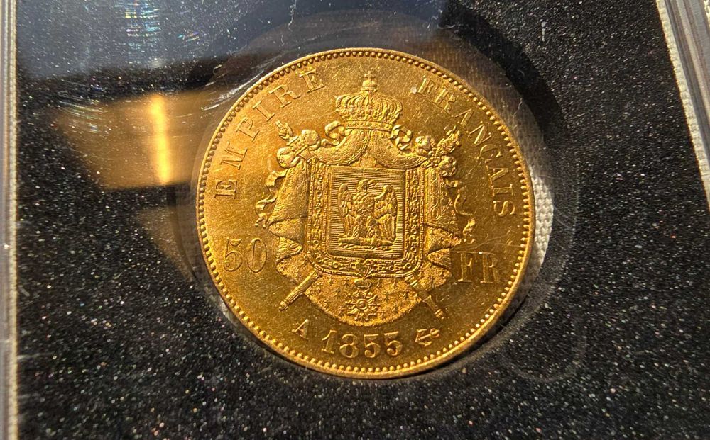 16.13 гр. Златна Монета 50 Френски Франка Наполеон III 1855