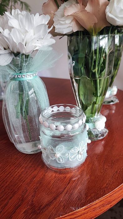 Свещници в бурканчета с декорация цвят мента - 20бр.- цена за всички