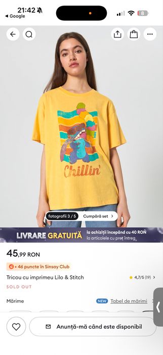 Tricou galben cu stitch, marimea XL - oversized