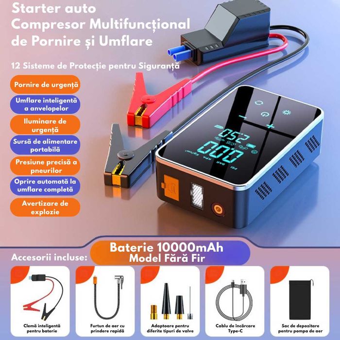 Starter | Compresor auto electric, Pompa 6 in 1 12V,afisaj digital LCD