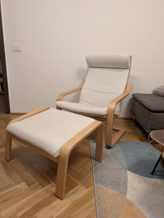 Fotoliu + taburet IKEA POÄNG Premium – Furnir Stejar Husă Hillared Bej
