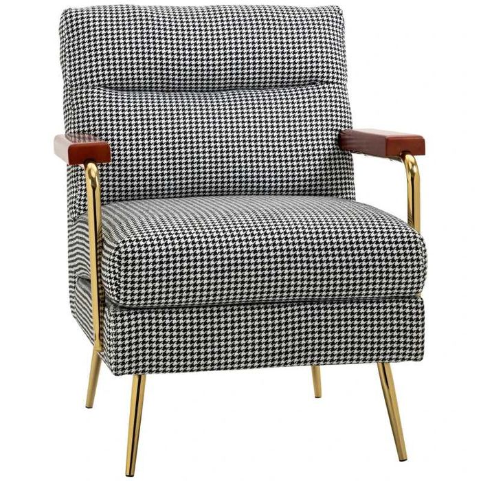 Fotoliu în stil retro, fotoliu de accent, model de pauni, elemente de lemn, miez de arcuri, Negru + Alb