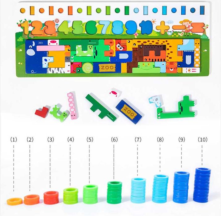 Многофункционална дървена игра с магнитен риболов и тетрис с животни