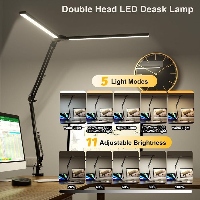 Lampa birou dubla 24W, 5 moduri lumina