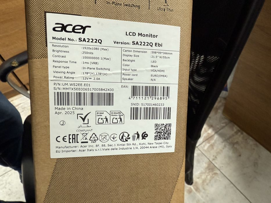 Monitor Acer Model: SA222Q Ebi CA Nou!!! Full Box Garantie/Bon fiscal.