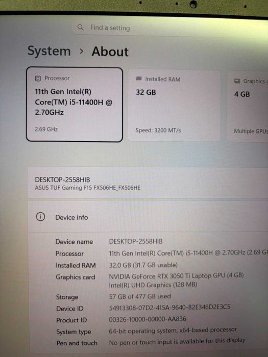 ASUS TUF F15 32GBRam, 512Gb, Rtx 3050 Ti