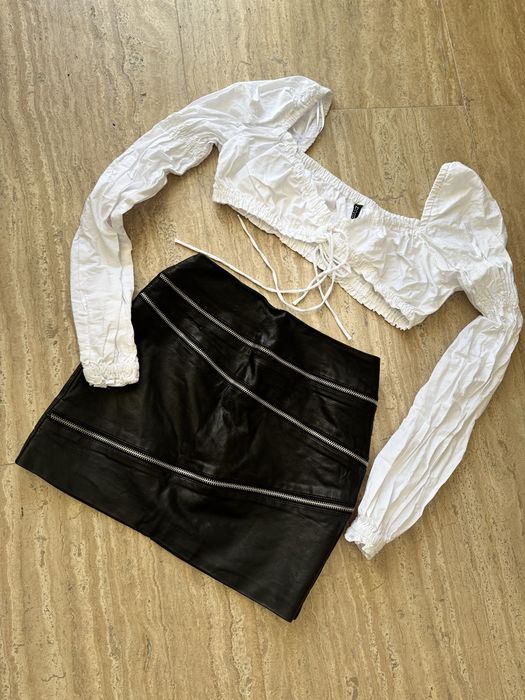 Дамски сет черна кожена пола и риза