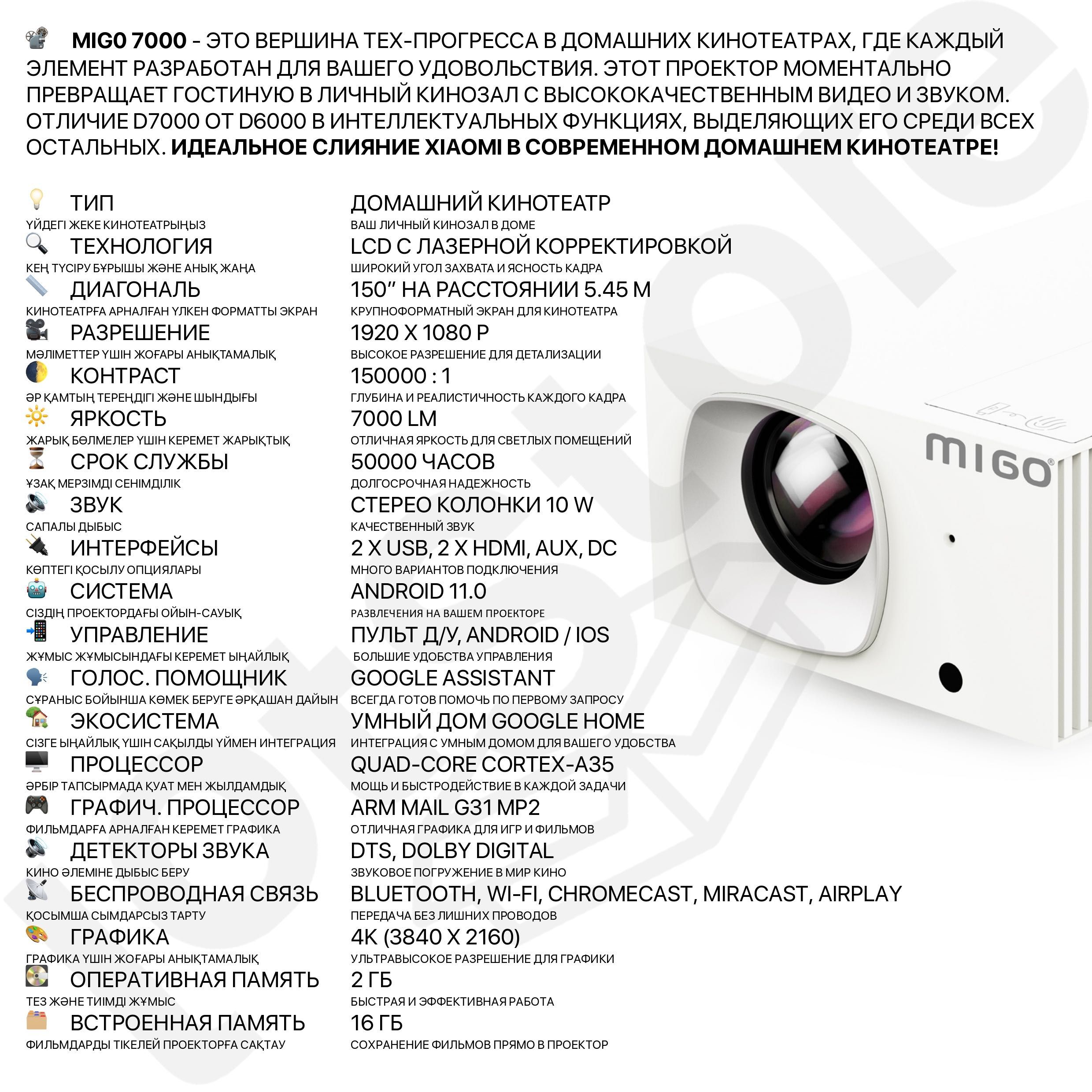 Большой комплект домашнего кинотеатра XIAOMI 4K MIGO проектор для дома: 154  990 тг. - Проекторы Шымкент на Olx