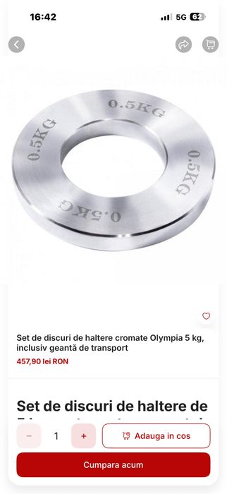 Set discuri cromate olimpice total 5 kg, mai exact; 2x25 kg+2x05 kg+2x0,75 kg+2x1 kg total 5 kg