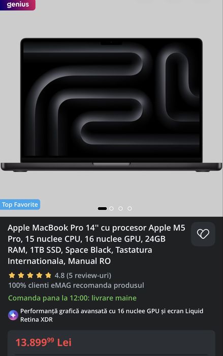 Vand MacBook Pro 14” M5 Pro 2026 ca nou sub 10 ore de functionare garantie eMag