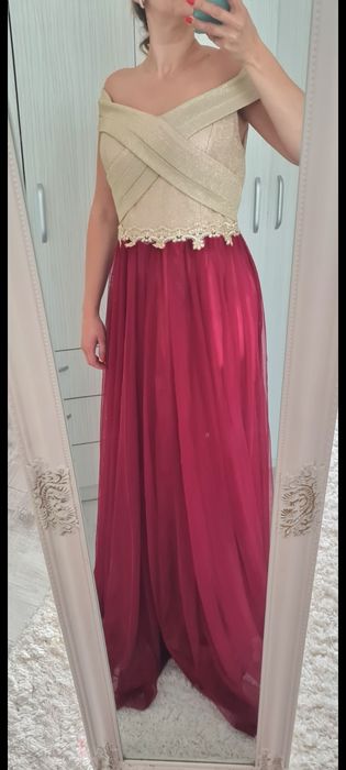 Rochie lungă de seara /sau de gravidă vișinie cu auriu damă mărimea 42
