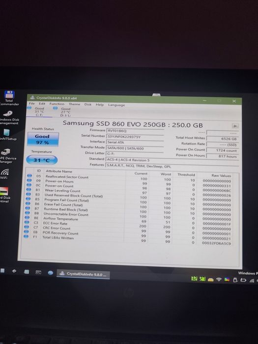 SSD Samsung 860 EVO 250GB SATA 3 2.5” – 97% Health – Testat