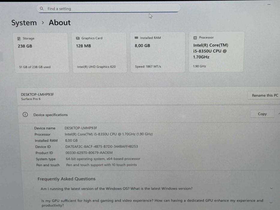 Microsoft Surface Pro 6 i5-8350U/8RAM/256SSD/UHD Graphics/QHD Touch