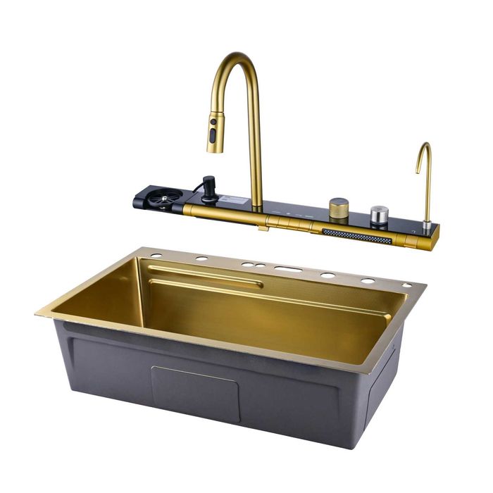 Златна мултифункционална кухненска мивка с регулируем двоен водопад