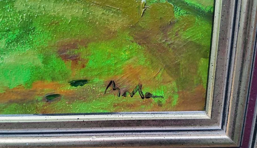 Tablou vechi - peisaj rural cu biserica - semnat Baba