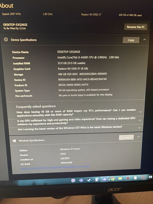 Пълен геймърски комплект: Компютър i5-9400F / RX 5500 XT / 32GB RAM + Монитор Acer + Мишка & Клавиатура