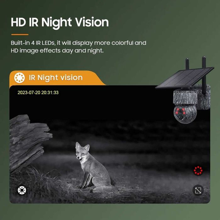 8MP Камуфлажна безжична PTZ соларна камера 4G SIM със слънчев панел