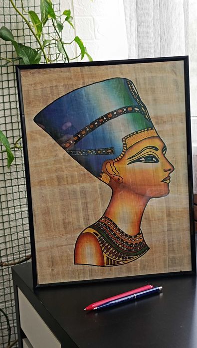 Papirus egiptean autentic — Regina Nefertiti - papirus înrămat