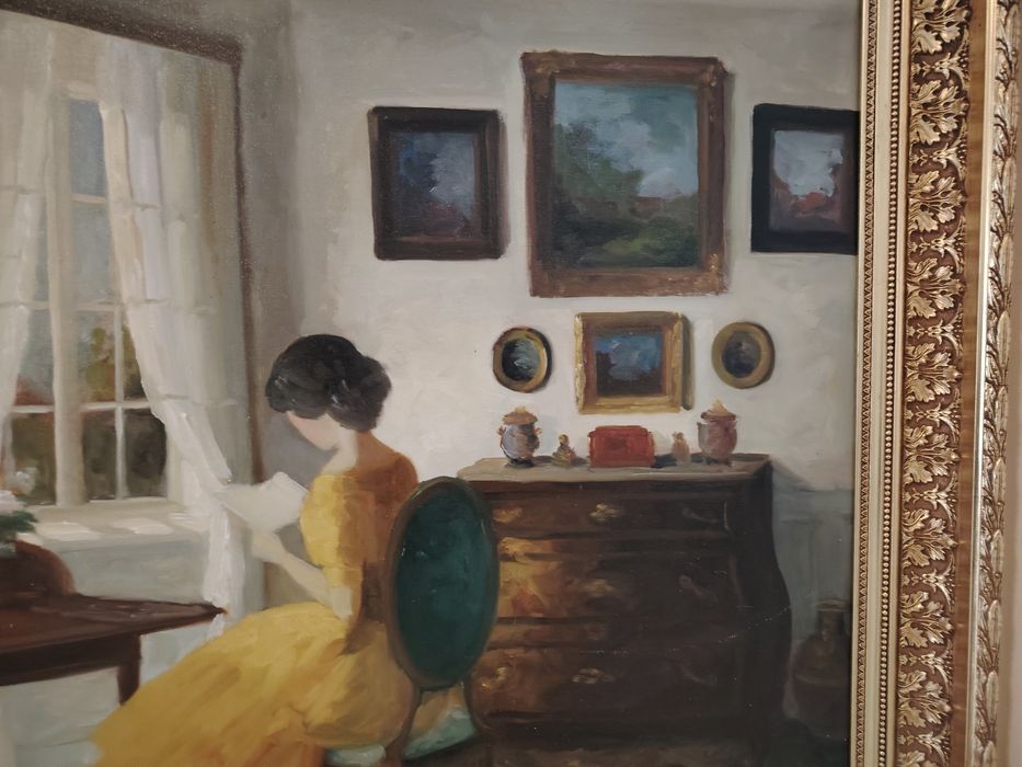 Ulei pe pânză "Femeie la fereastră" realizată de artista daneză Edith Gert (1906–1983)